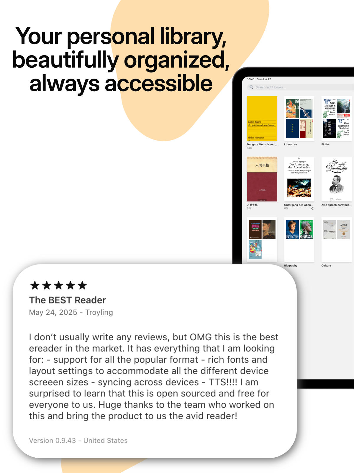 Readest 的 iPad 书架，书封按分组陈列的网格视图